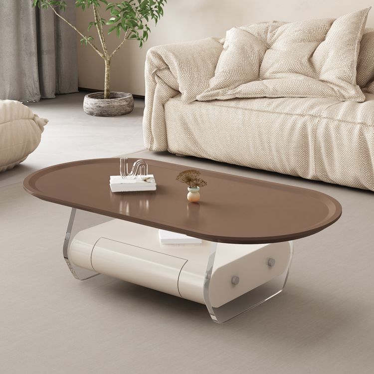 Brown Elliptical Coffee Table 15.7" H 1-Shelf & 1-Drawer Cocktail Table with Acrylic Legs