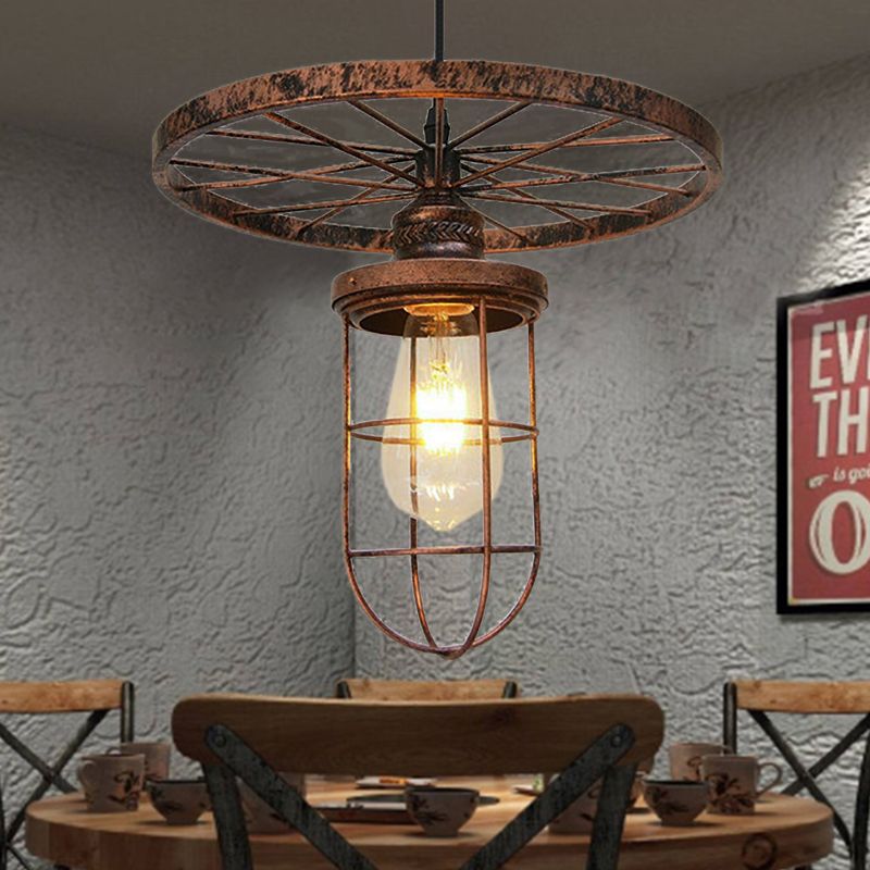 Bronze Wire Frame Hanging Lamp Industrial Stylish Wrought Iron 1 Light Restaurant Ceiling Light with Wheel