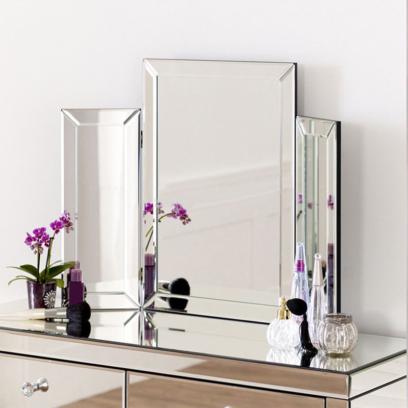 Glass Vanity Set with Tri-Fold 13.77" Wide Make-up Vanity with 2 Storage Drawers