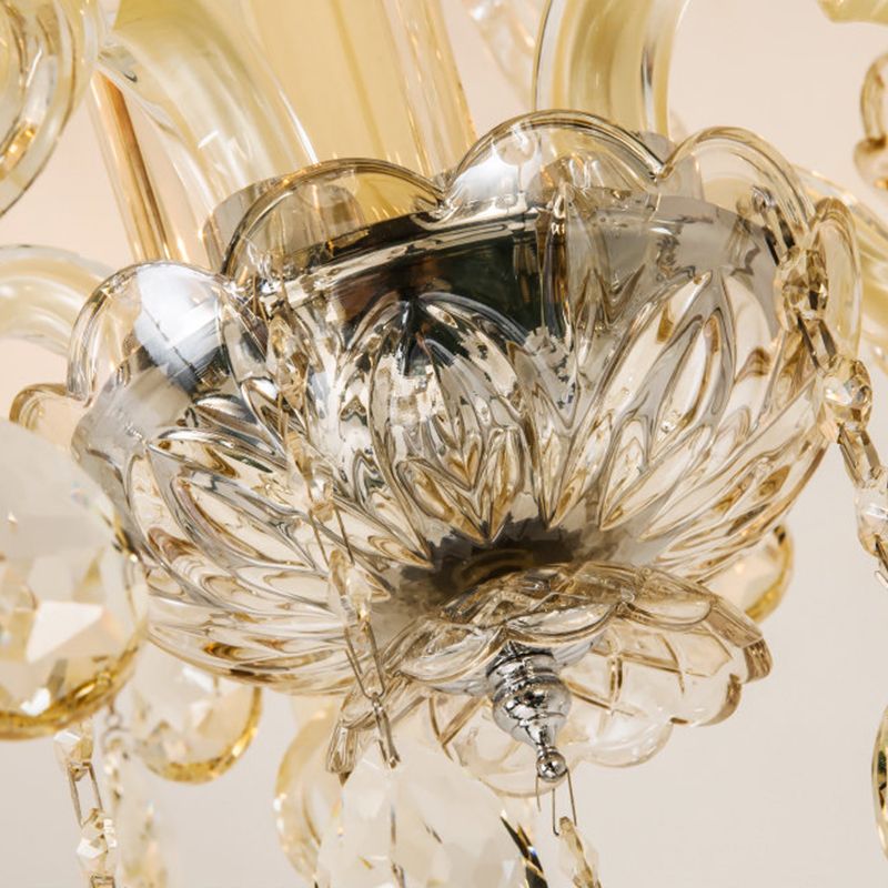 Luz de lámpara de la sala de estar de tambor tela contemporánea 4 cabezas lámpara colgante beige con caída de cristal