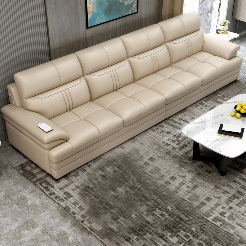 Contemporary Stationary Cream Genuine Leather Recessed Arm Sofa