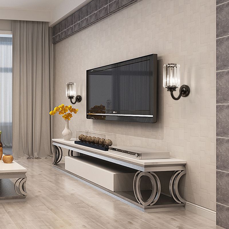 Clear Crystal Drum Wall Lamp Modernist 1 Light Sconce Light Fixture with Metal Curved Arm in Black