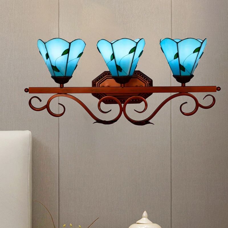 Copper 3 Bulbs Vanity Lamp Tiffany Blue Paneled Glass Flower Sconce Light Fixture