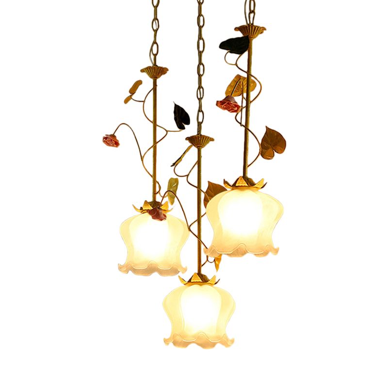 Green 3 Lights Down Lighting Pastoral Frosted Glass Cluster Flower Pendant with Lettuce Edge and Round/Linear Canopy