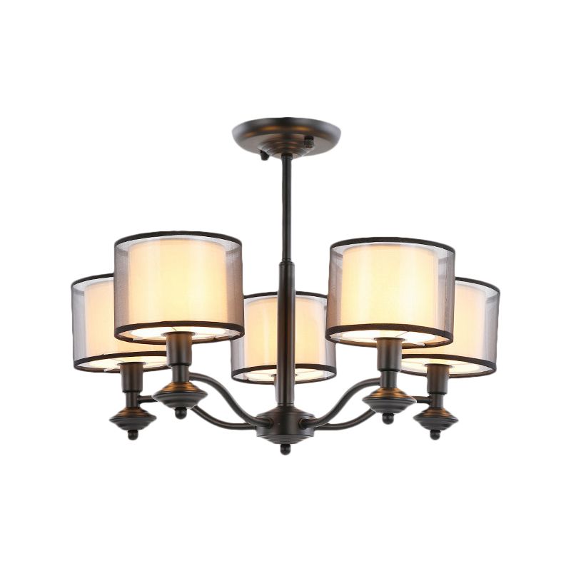 5/6 Bulbs Pendant Chandelier Traditional Double Drum Fabric Hanging Ceiling Light in Black for Bedroom