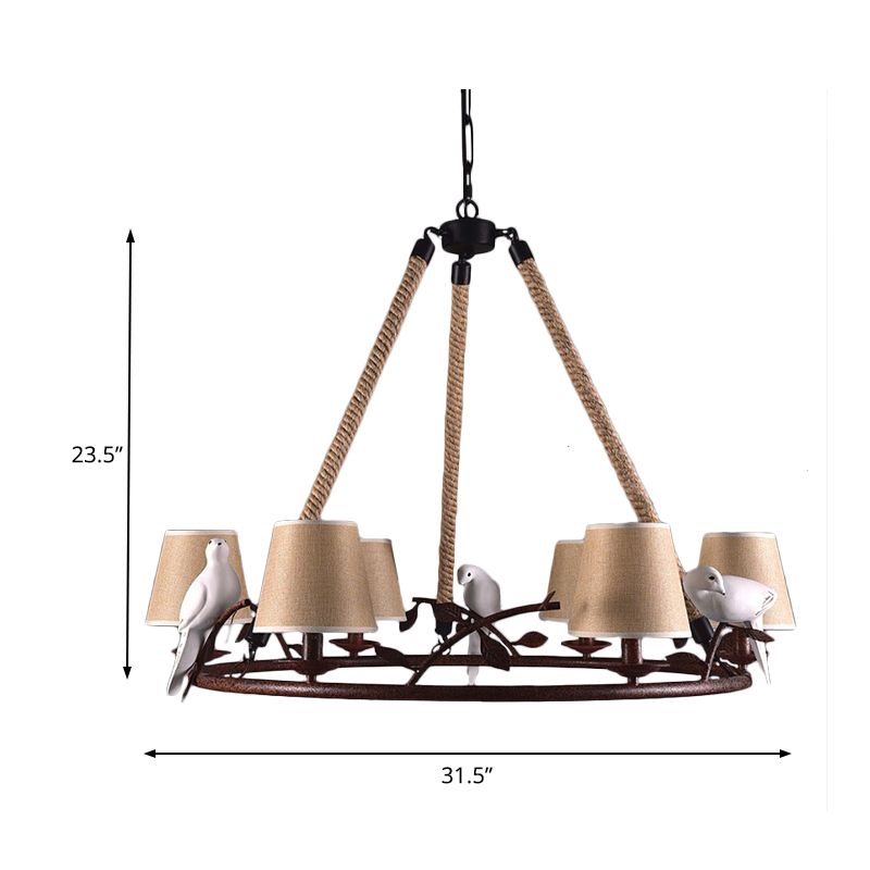 Wheel Metal Chandelier Lighting Vintage 6 Lights Dining Room Pendant Lighting in Rust with Tapered Fabric Shade