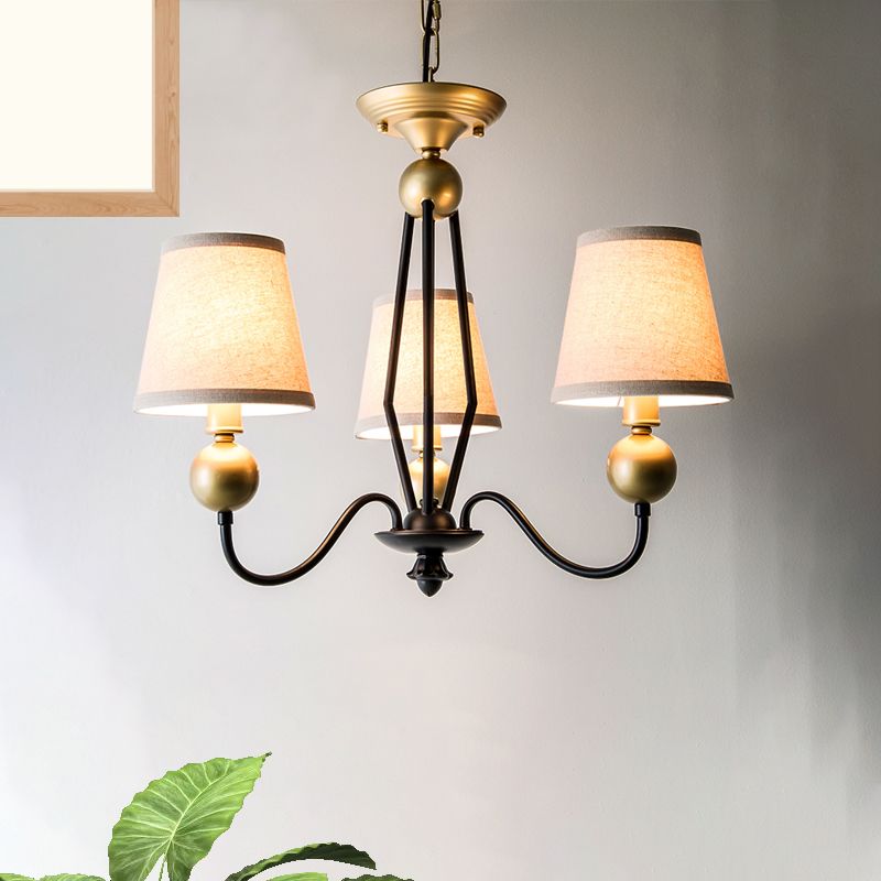 Rural Curvy Arm Hanging Pendant Light 3/6-Head Fabric Chandelier in Black with Cone Fabric Shade