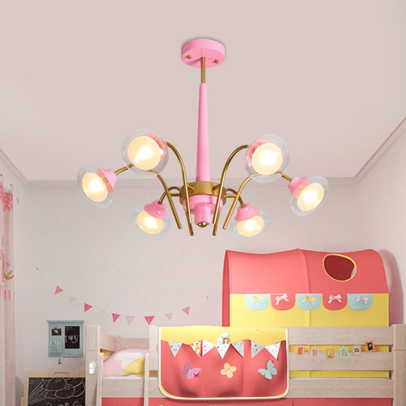 Drooping Hanging Chandelier Macaron Metal 6 Bulbs Kids Bedroom Ceiling Pendant in Pink/Blue with Double Ball Glass Shade