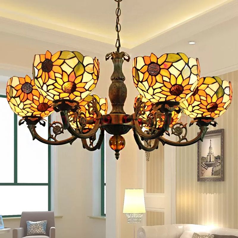 Grands lustres pour le salon, éclairage pendentif de tournesol à 6 lumières avec un style Tiffany de teinte en vitrail