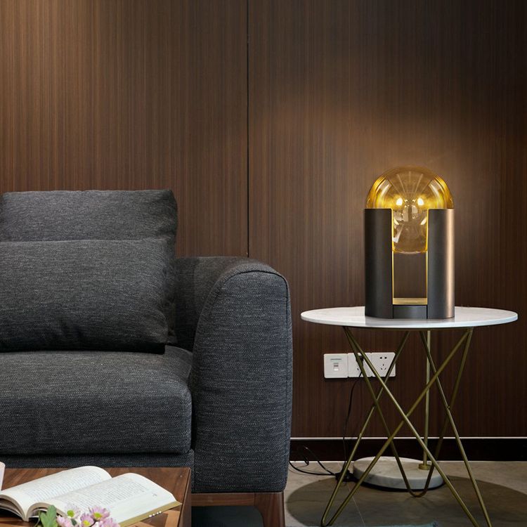 Minimalism Cognac Glass Globe Table Lamp Hollow Cylindrical Metal Base Nightstand Light in Black