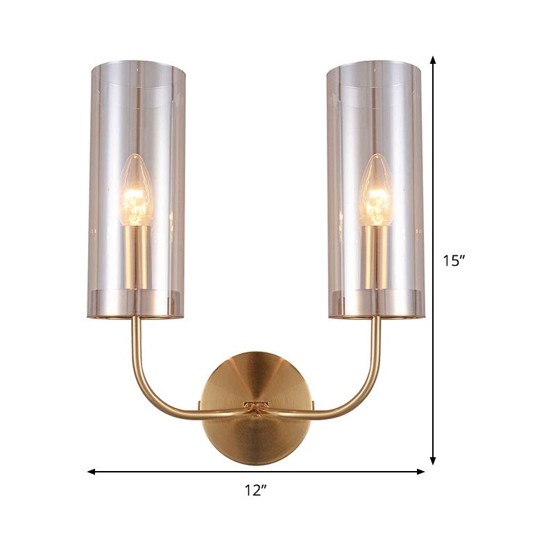 Cognac -Glaszylinderlinderleuchte modernistische 2 Lampenmontagelampe in Gold mit metallischem Arm