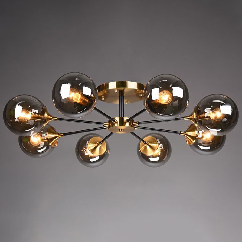 Black and Brass Radial Flush Mount Lighting Postmodern Metal Semi Flush Ceiling Light with Ball Glass Shade