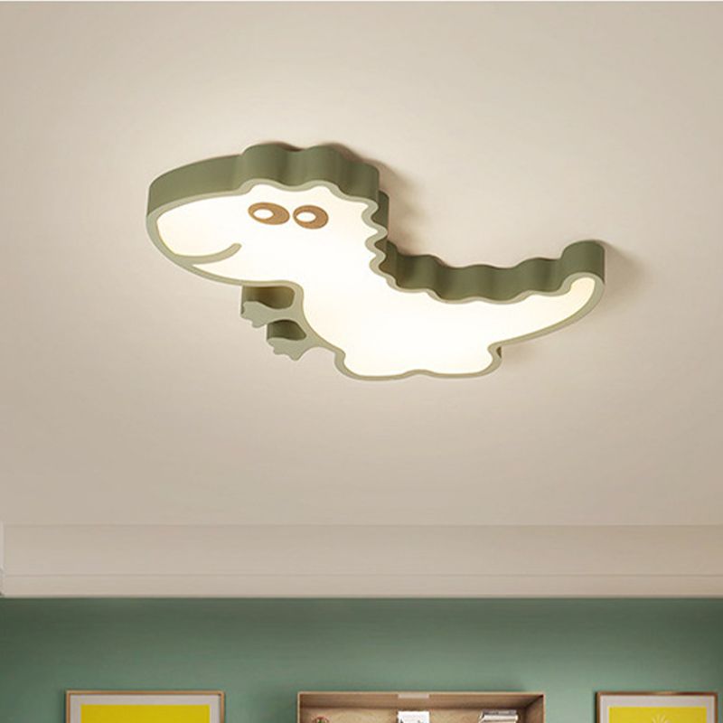 Dinosaur Flush Mount Light Fixture Kids Iron White/Pink/Green LED Close to Ceiling Lighting for Children Bedroom