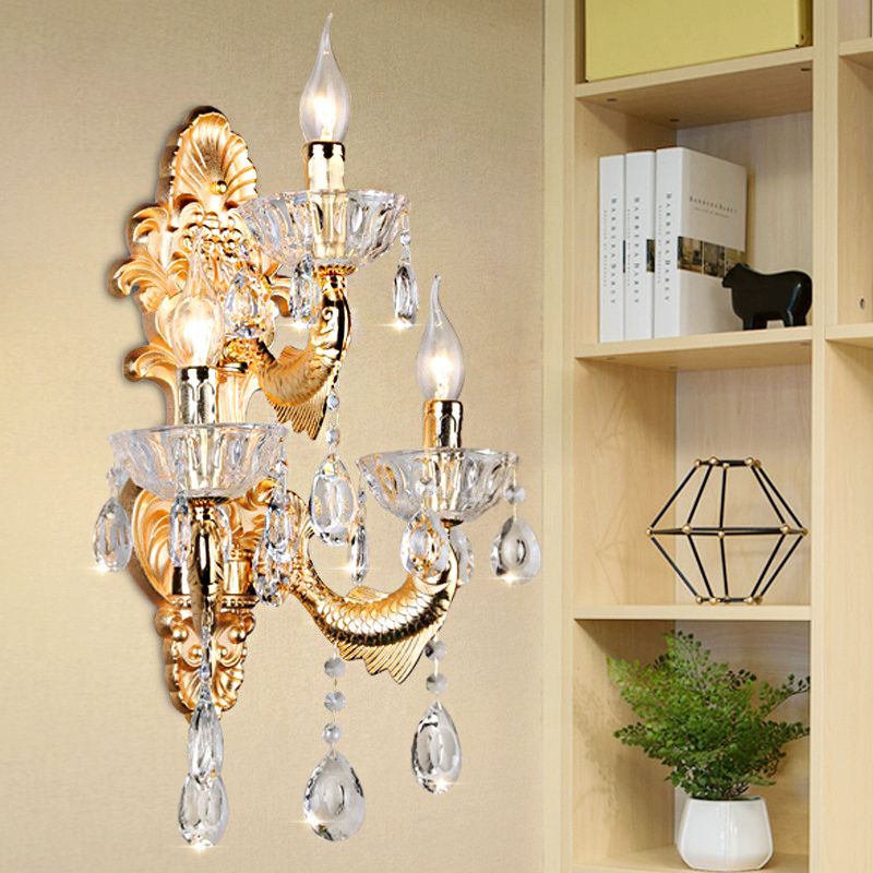 Candelabra Wall Lamp Contemporary Crystal 2 Lights Gold Wall Mount Light for Corridor