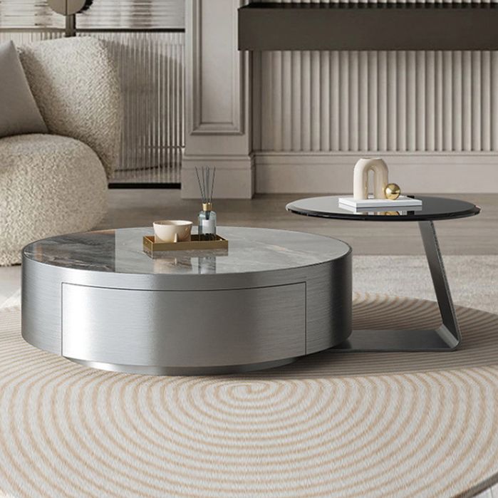 Modern Slate and Glass Top Coffee Table Set Round Drum Cocktail Table
