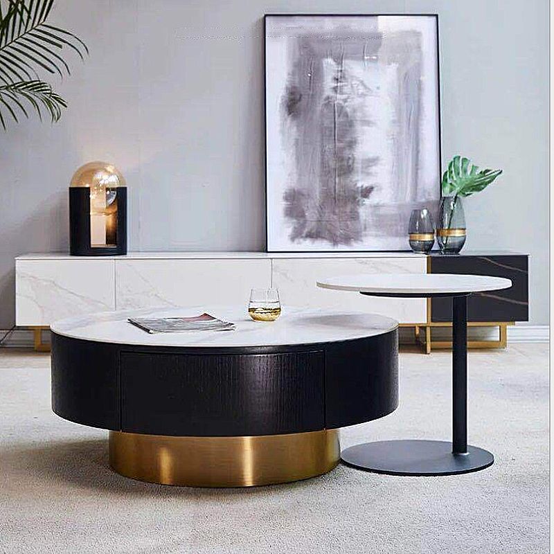 Luxurious Stone Round Coffee Cocktail Table with Storage Drawer