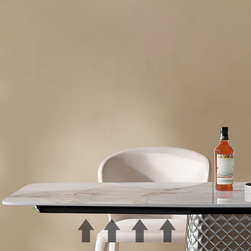 Modern White Rectangular Stone Top Dining Table with Silver Pedestal