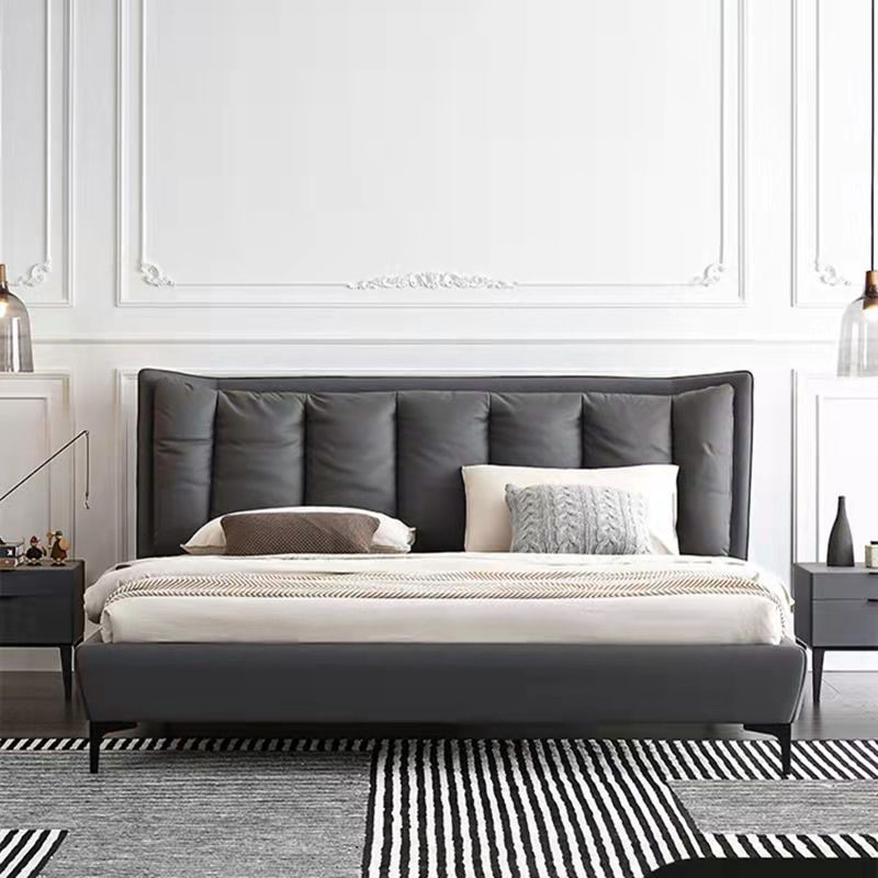 Solid Wood Panel Bed with Upholstered Headboard Gray Standard Bed
