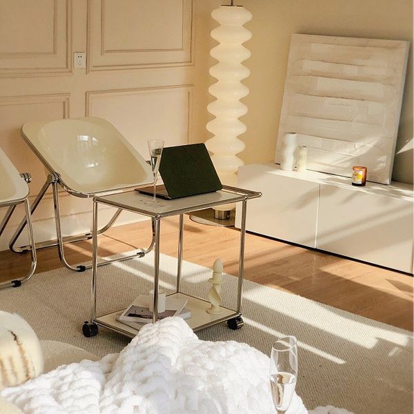 Rectangular Metal/glass Side Table with Wheel Base Mid-century Modern Style