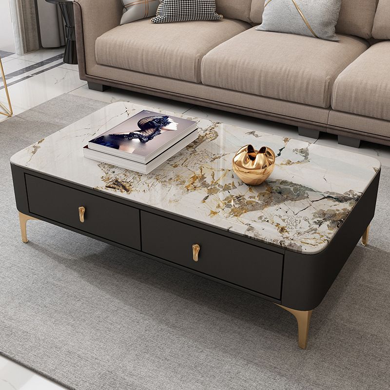 Modern Rectangular Stone Coffee Cocktail Table with Drawers, 47.2" W x 23.6" D x 15.7" H
