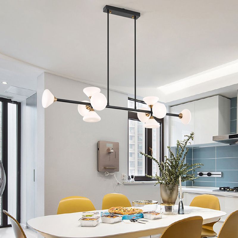 Modern 6/10-Head LED Island Pendant with White Glass Shade Black Linear Ceiling Light Fixture in Warm/White Light