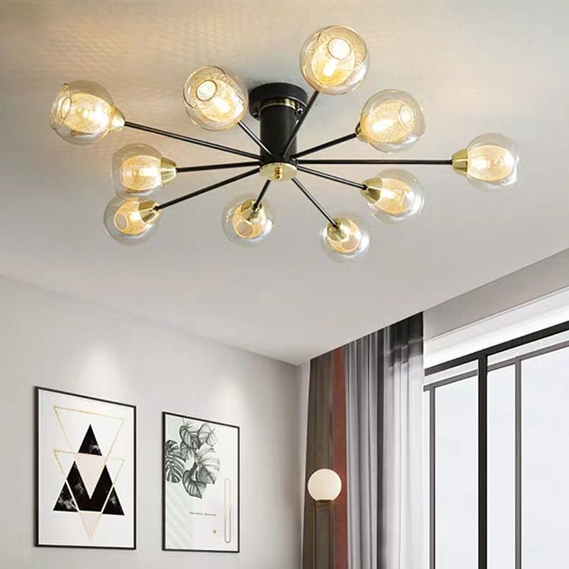 Kugel Bernsteinglas Halbflushbeleuchtung Moderne 10 Köpfe schwarze Deckenlampe mit radialem Design
