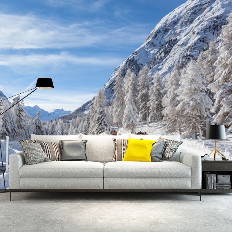 Big Winter Scenery Mural Modern Enchanting Snowy Road Across Mountain Wall Art in White