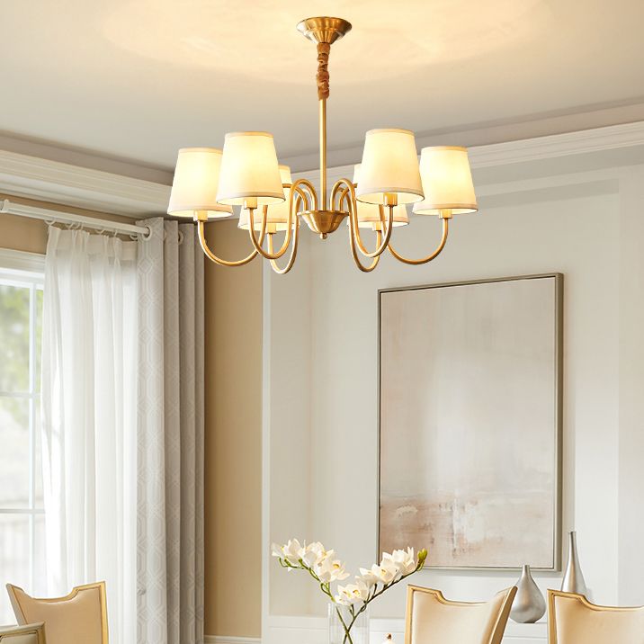 Brass Barrel Chandelier Light American Style Multi-Head Suspension Lamp with Fabric Shade