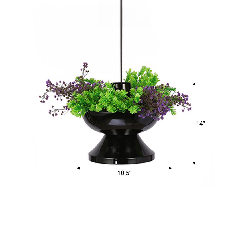 Metal Hot Pot Drop Pendant Farmhouse 1 Head Dining Room LED Hanging Ceiling Light in Black with Artificial Plant Deco