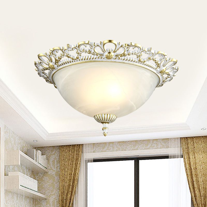 2/3-Light Opal Frosted Glass Flushmount Countryside Brass/White Floral-Trim Dome Hallway Ceiling Lamp, 11"/19.5" Wide