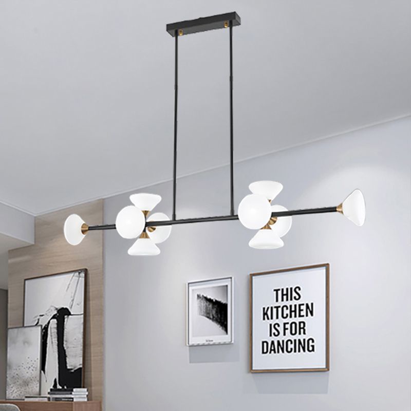 Modern 6/10-Head LED Island Pendant with White Glass Shade Black Linear Ceiling Light Fixture in Warm/White Light