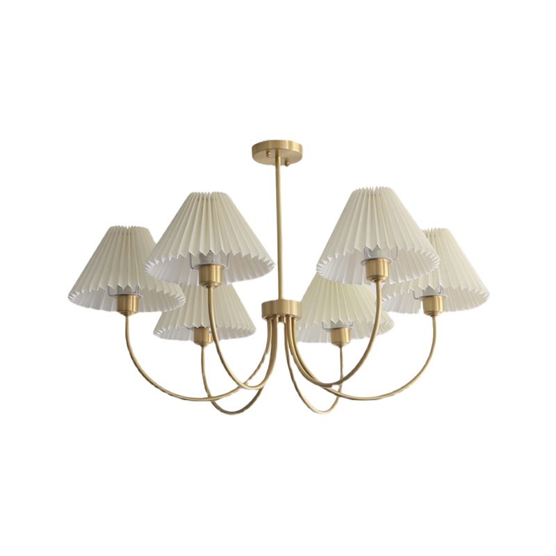 Country Style Living Room Chandelier Retro Fabric Conical Pendant Light Fixture in Brass
