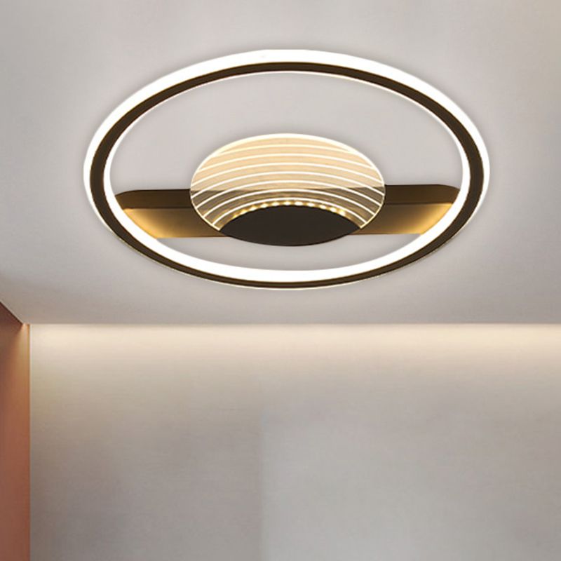 Minimalism Circle and Line Ceiling Lamp Metallic 16"/19.5" W LED Bedroom Flush Mount Fixture in Black/Gold, Warm/White Light