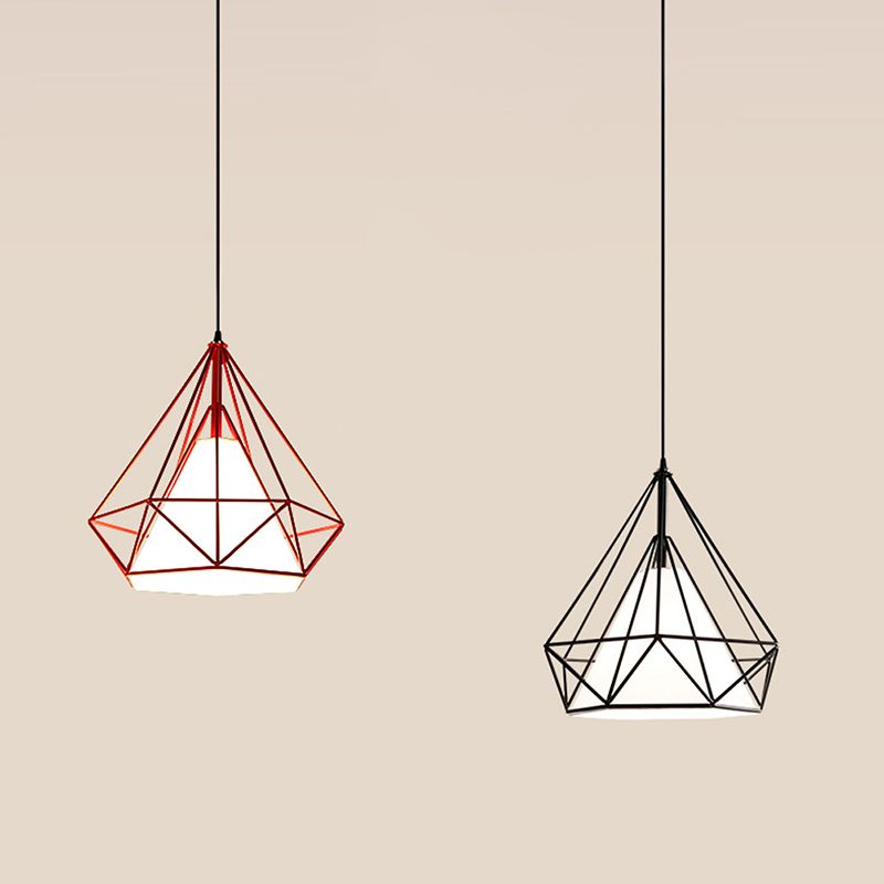 4-Color Optional Metal Cage Hanging Light Single Bulb Diamond Shaped Bedroom Lighting Fixture