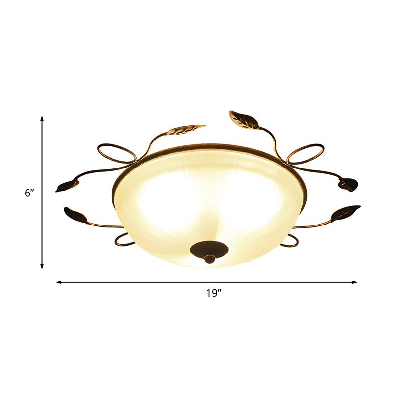 3-Light Flush Mount Spotlight Vintage Bowl-Shaped White Glass Flush Light with Leaf Decoration