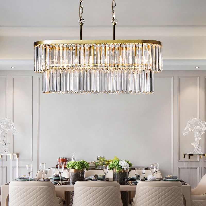 Postmodern Oval Island Ceiling Light 4 Heads Clear Three Sided Crystal Rod Suspension Lighting