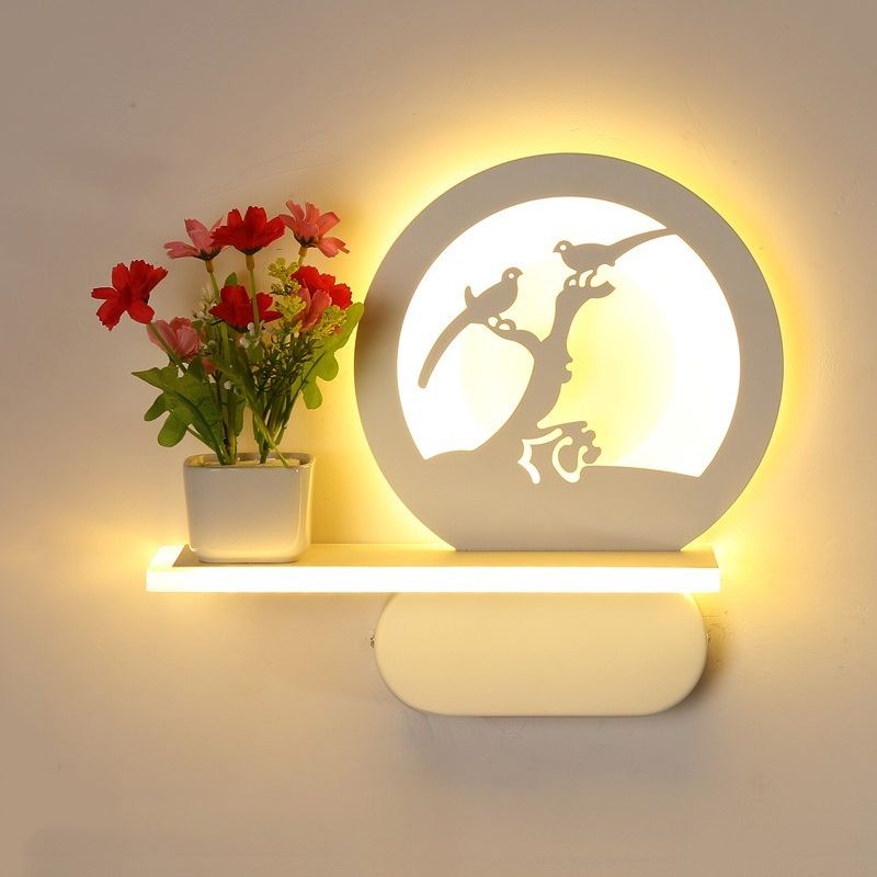 Study Room Big O Wall Lamp with Shelf Acrylic Romantic White Finish Sconce Light