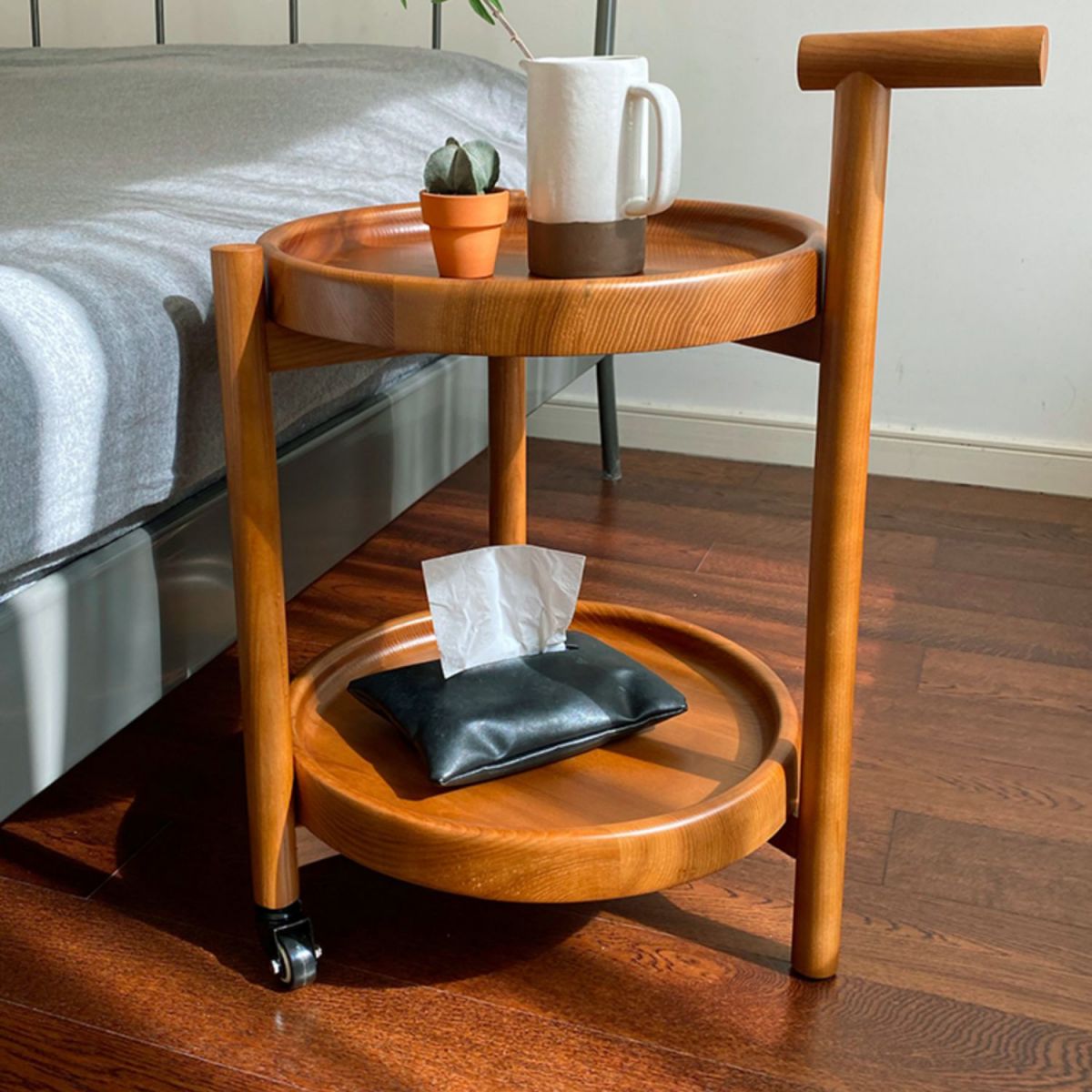 Scandinavian Round Tray Top Side Table 21.6-inch Wood End Table with Shelf and Wheel