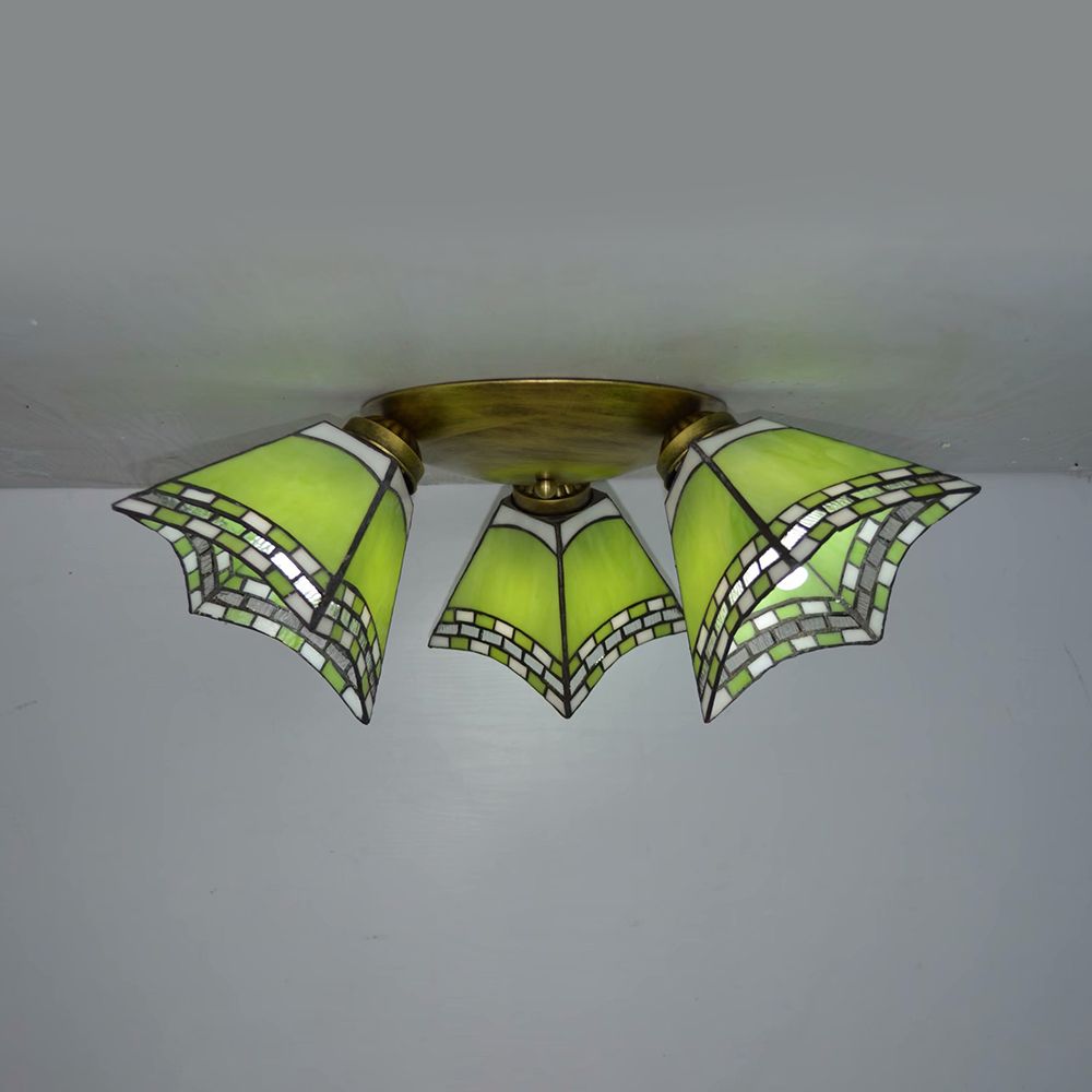 3 Heads Geometric Flushmount Light Vintage Stained Glass Flush Mount Ceiling Light in Yellow/Sky Blue/Pink/Green/Dark Blue for Bedroom