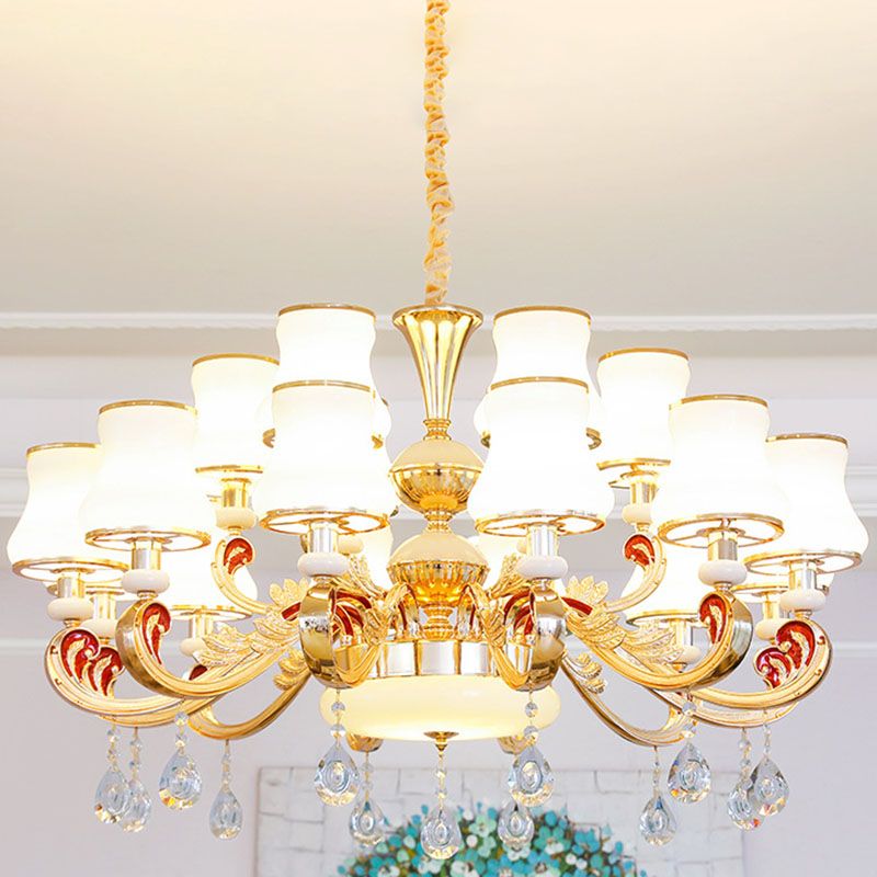 Luz de lámpara de araña simple Gold Curvado Down Lighting Pendse con sombra de vidrio esmerilado blanco