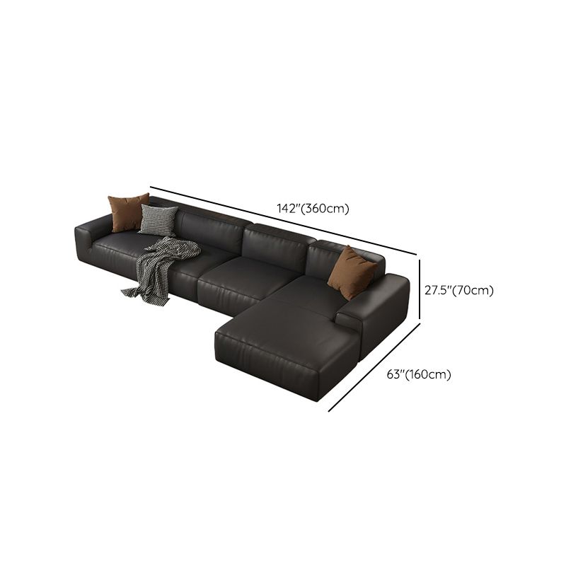 Contemporary Black Genuine Leather Square Arm Sofa with Pillows