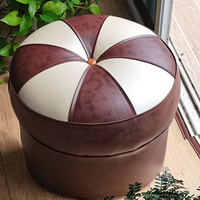Mid-Century Modern Pouf Ottoman PU Leather Upholstered Tufted Patchwork Round Ottoman