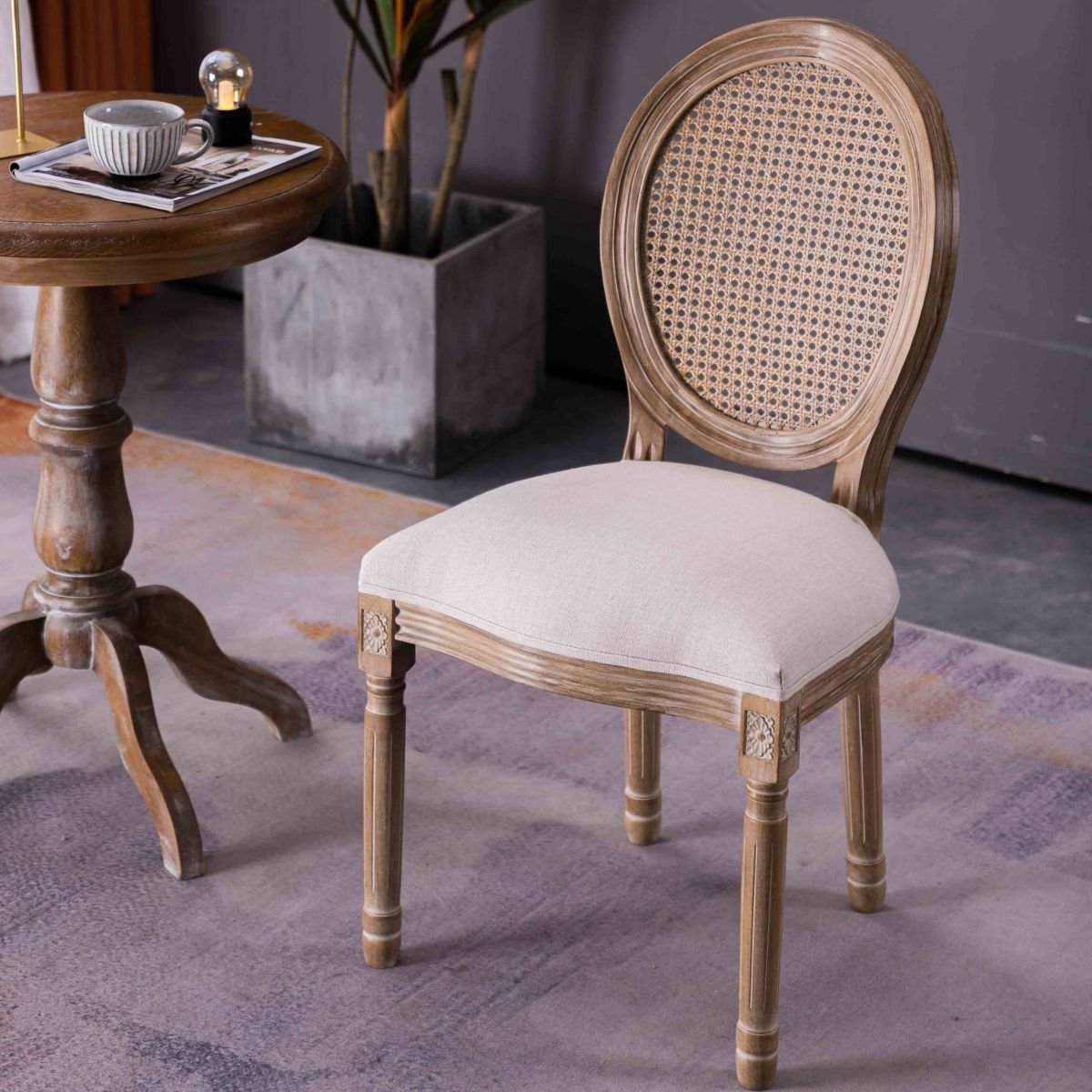 Chaises de salle à manger sans accoudoirs rembourrées, chaise latérale à dossier King Louis avec pieds en bois