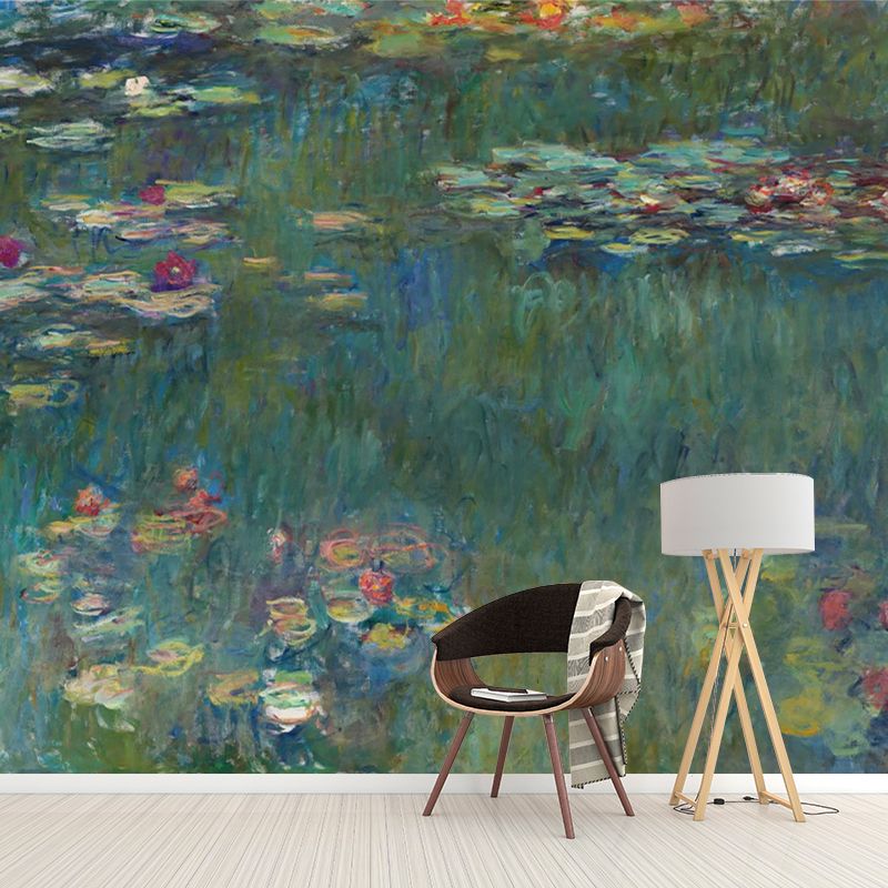 Classic Lotus Pond Wall Mural Decal Non-Woven Waterproof Green-Yellow-Pink Wall Covering for Accent Wall