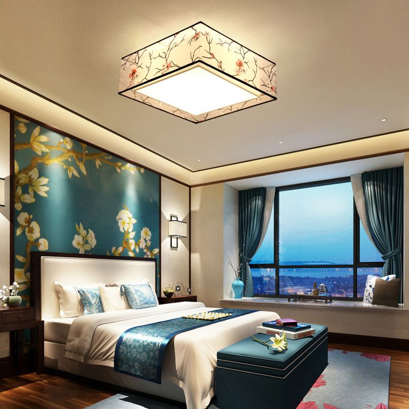 Plafonnier en fer forgé de style classique traditionnel, montage encastré géométrique d'intérieur avec abat-jour en tissu de lin
