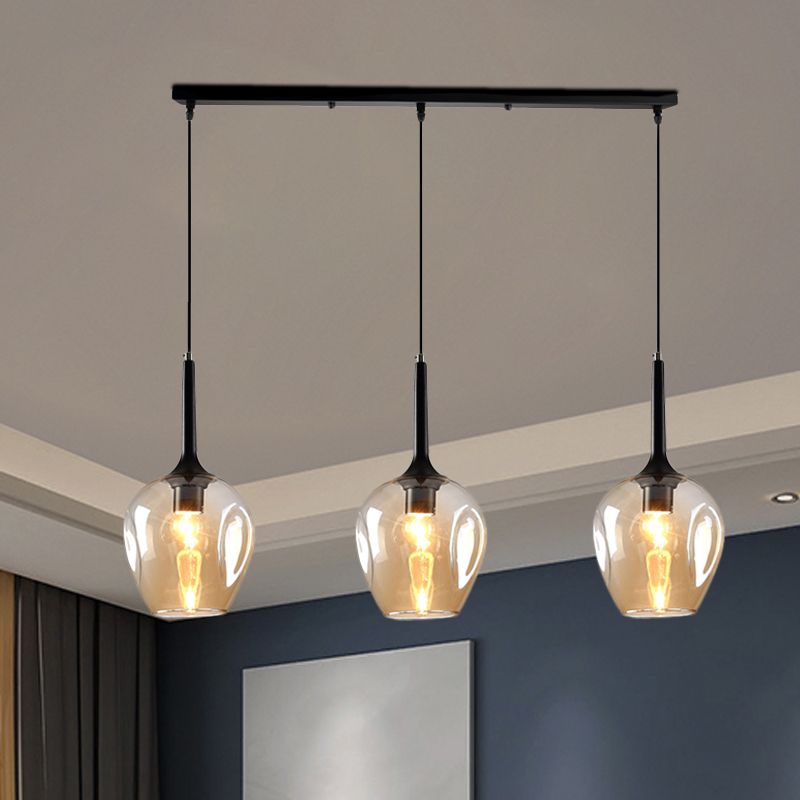 Tulip Cluster Pendant Lamp with Linear Design Modern Amber/Smoke/Blue Glass 3 Lights Black Ceiling Hung Light