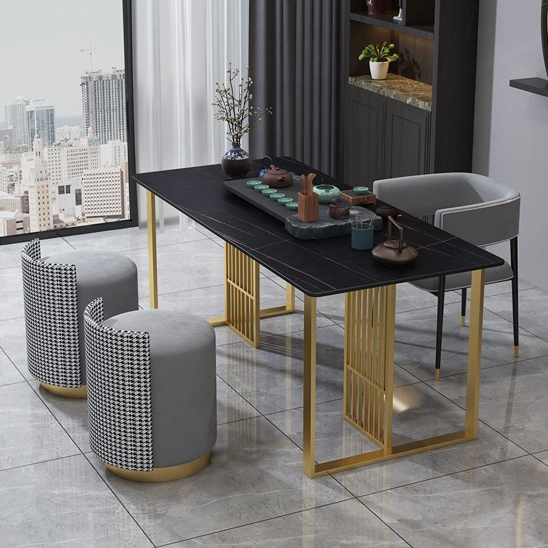 Glam Stone Dining Table Rectangle Iron Table with Golden Double Pedestal Table