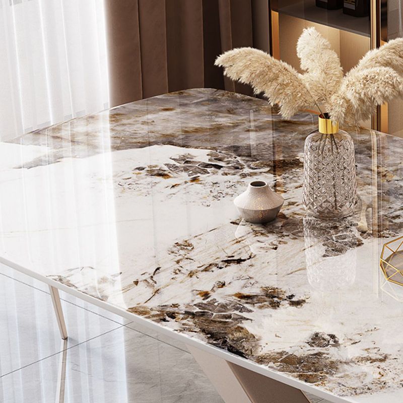 Mesa de comedor rectangular de estilo moderno de metal, mesa superior de piedra sinterizada para comedor