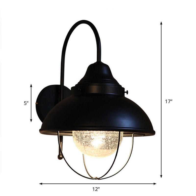 Cone Seeded Glass Wall Light Industrial One Bulb Outdoor Sconce Lighting Fixture in Black with Cage