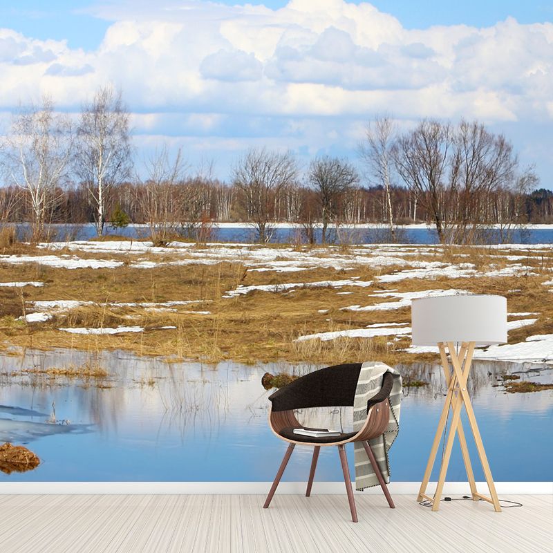 Modern Winter Landscape Mural Blue-Brown River with Melting Snow Scenery Wall Art